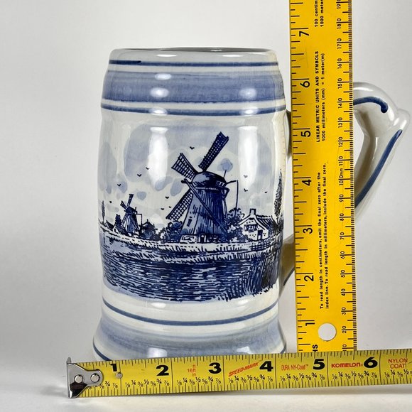 Vintage Delft Blue Beer Stein Mug Windmill Floral Hand Painted Ceramic 32 oz - Picture 14 of 16
